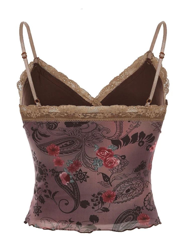 Rockmore vintage chiffon applique print Camis womens mesh lace cross Vneck crop top Y2K aesthetic backless tight corset 250326