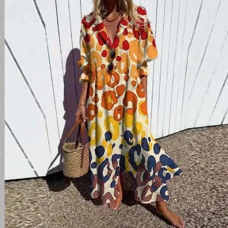 Womens V-neck Single Breasted Shirt Dress Casual Loose Bohemian Long Dress Retro Pattern Printed Loose Vacation Dress