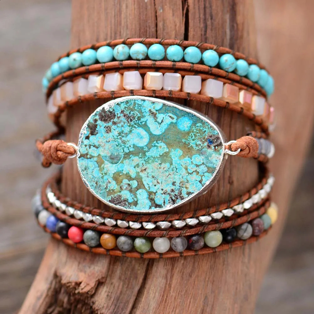 Women Leather Bracelet Unique Mixed Natural Stones Gilded Stone Charm 5 Strands Wrap Bracelets Handmade Boho Bracelet Dropship 250318