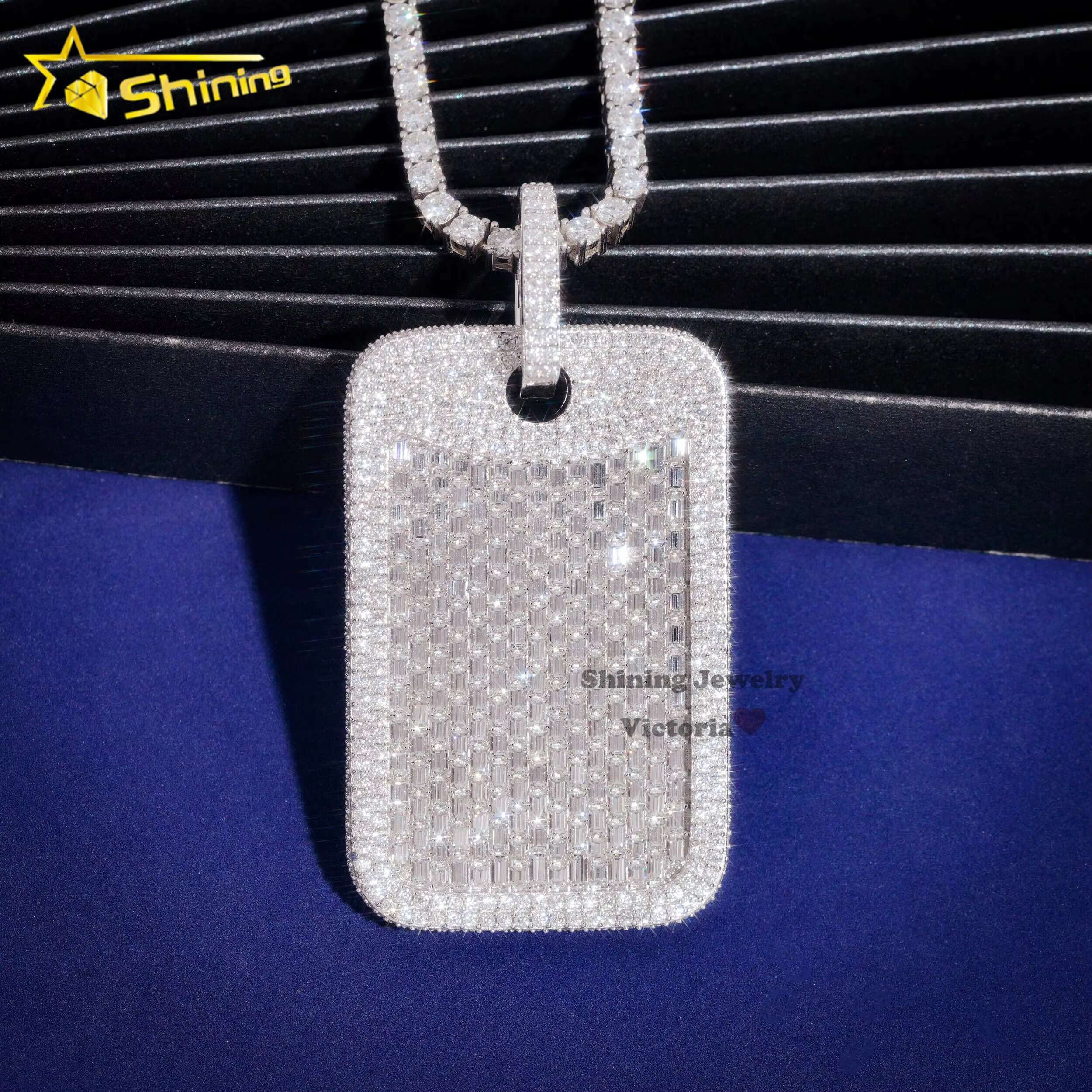 Shining Jewelry White Gold Plated 925 Silver baguette Cut Vvs Moissanite Iced Out Men Hip Hop Silver Dog Tag Pendant