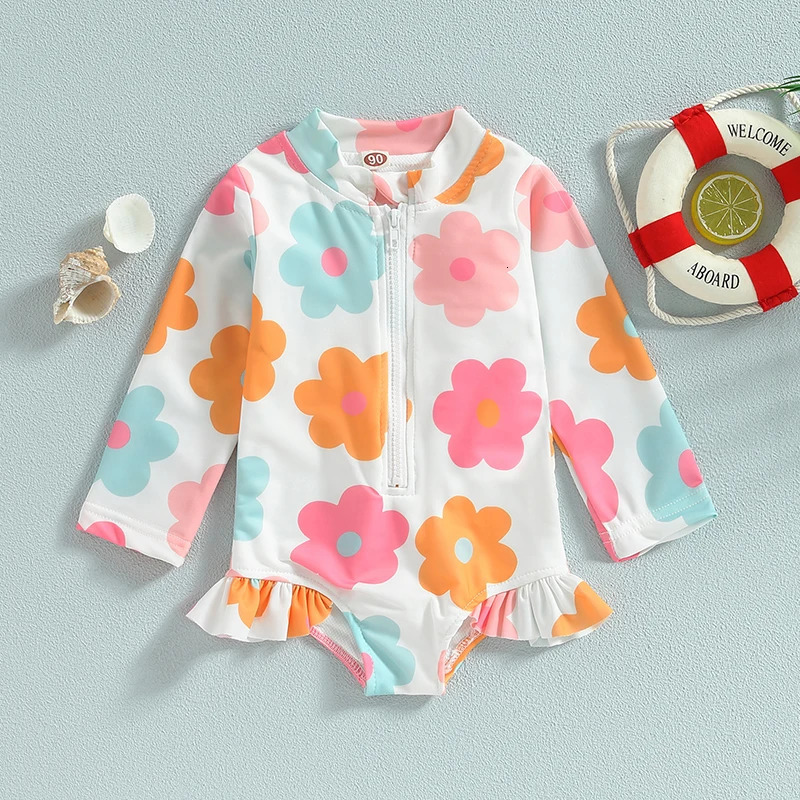 Kids Baby Girl Swimsuits Summer Floral Long Sleeve Zipper Ruffles Jumpsuit Swimwear Beachwear Bathing Suits 250326