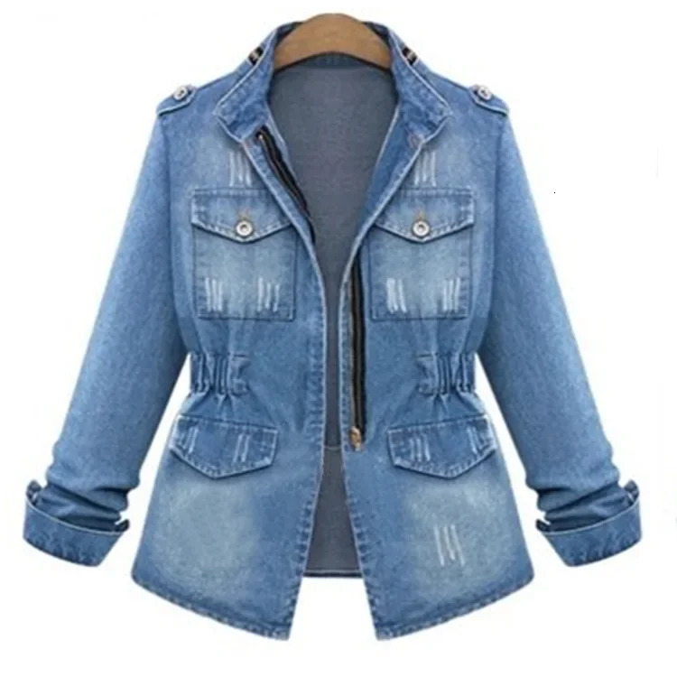 Womens elegant denim jacket summer style slim fit stand up collar smooth silhouette wholesale of womens clothing 250326