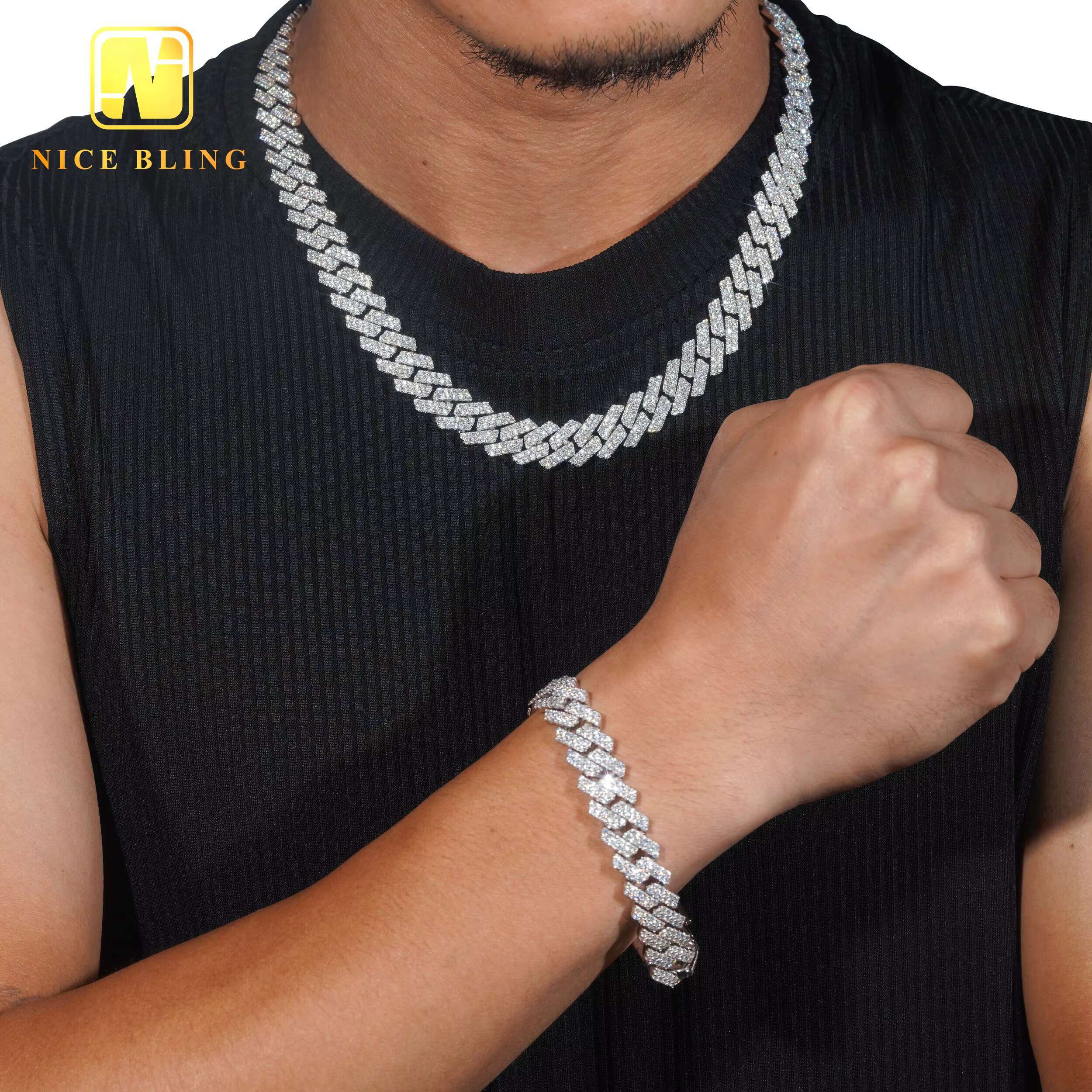 Custom 13mm Hip Hop Jewelry Necklace Iced Out Diamond Cuban Link Chain 925 Sterling Silver Moissanite Necklace Bracelet Men