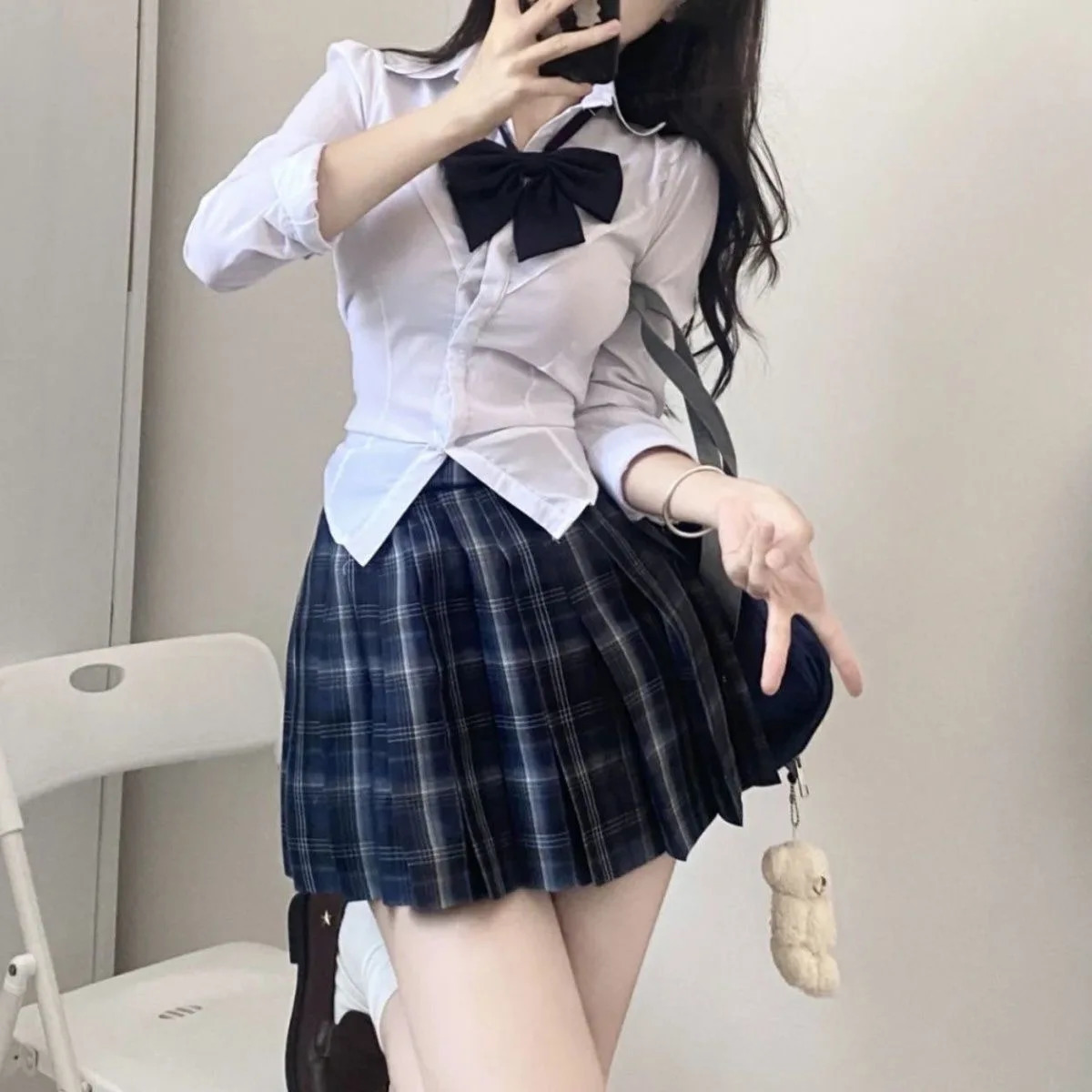 S8xl plus size American Jk school uniform original butterfly pleated bodysuit college style slim fit shirt high waisted 250326