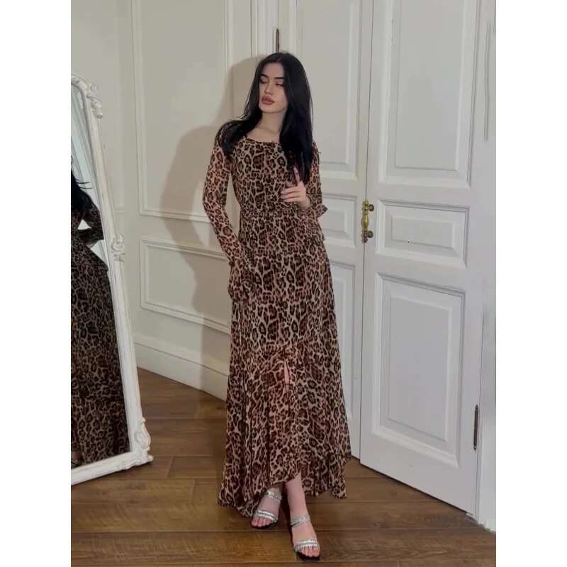 Dongdumaoyi Spring New Chiffon Leopard Print Lotus Leaf Sleeve Temperament Long Stitching Irregular Dress A