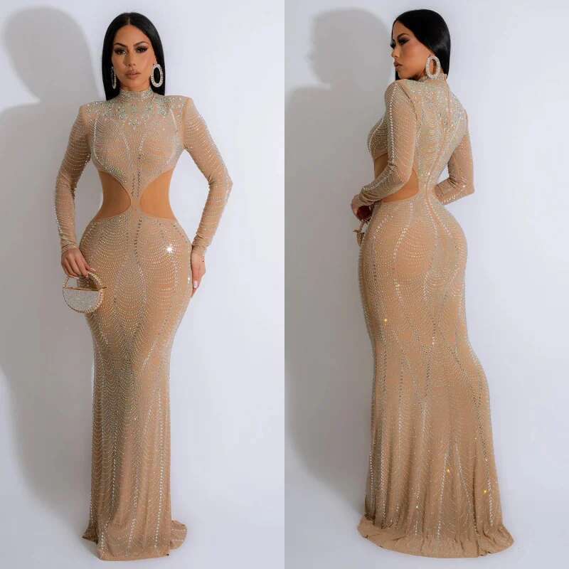 Dongdumaoyi Mode Dames Effen Kleur Mesh Strass Lange Jurk C