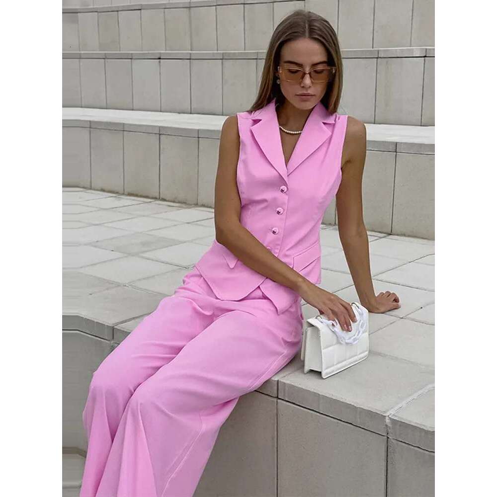 Women's Coat Women Lapel Vest Pants Sets Lazy Sleeveless Single Breasted Waistcoat Wide Leg Trousers Spring New Casual Lady Commuter Set