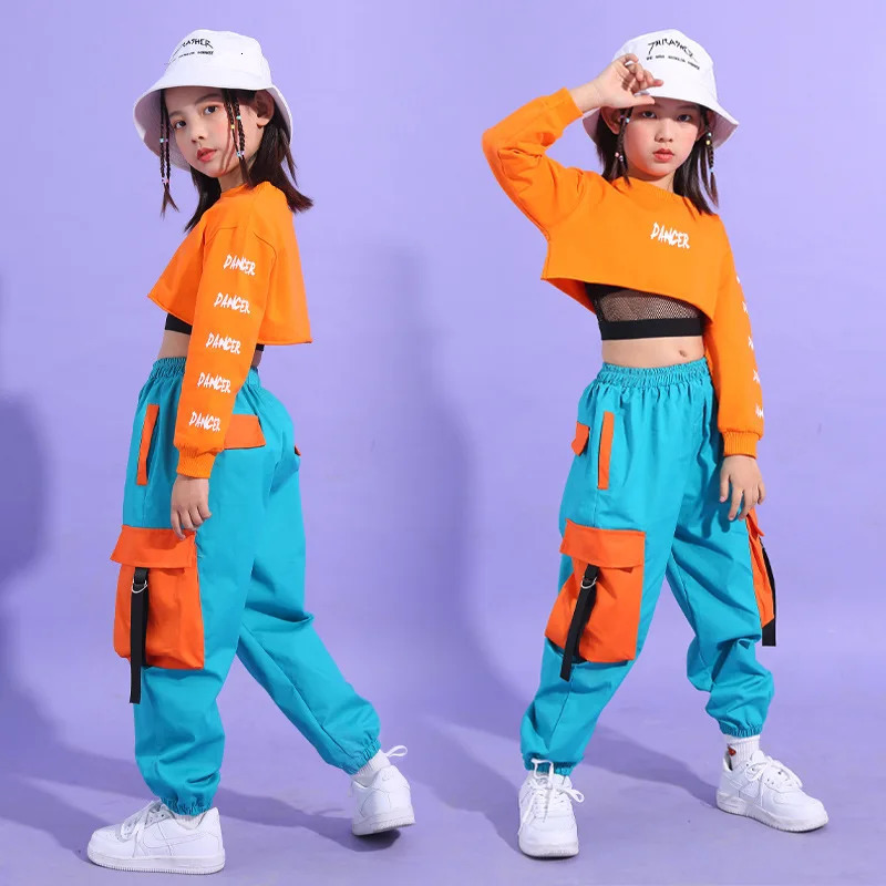 Summer Girls Hip Hop Clothes Set Kids Crop Top Cargo Pants Street Dance Children Jazz Outfits Teen Streetwear Costumes 4-14Yrs 250326