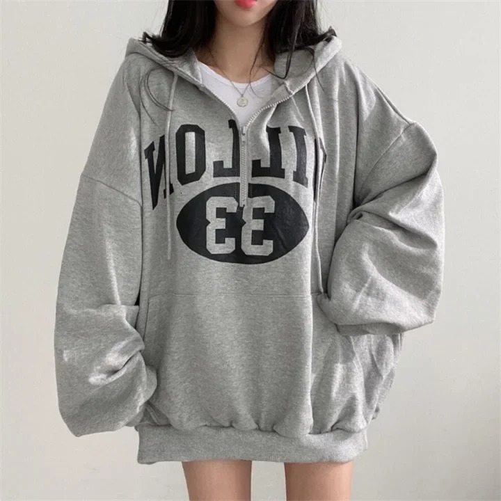 Korean Zip Up hooded sweatshirt womens loose fit slim mid length top Versatile spring and autumn jacket trendy cotton 250326