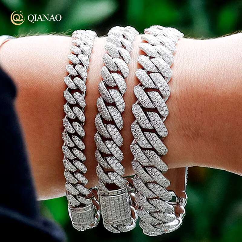 10mm Solid 925Sterling Silver Hip Hop Moissanite Cuban Link Chain Silver Plated Tennis Strand Charm Bracelets for Party or Gift