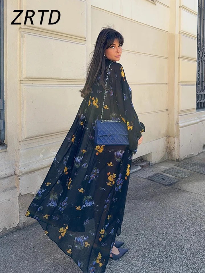 Elegant Printed Boho Long Dresses Women Loose Chic Turtleneck Lantern Sleeve Floral Robes Spring Summer Lady Vacation Dress 250326
