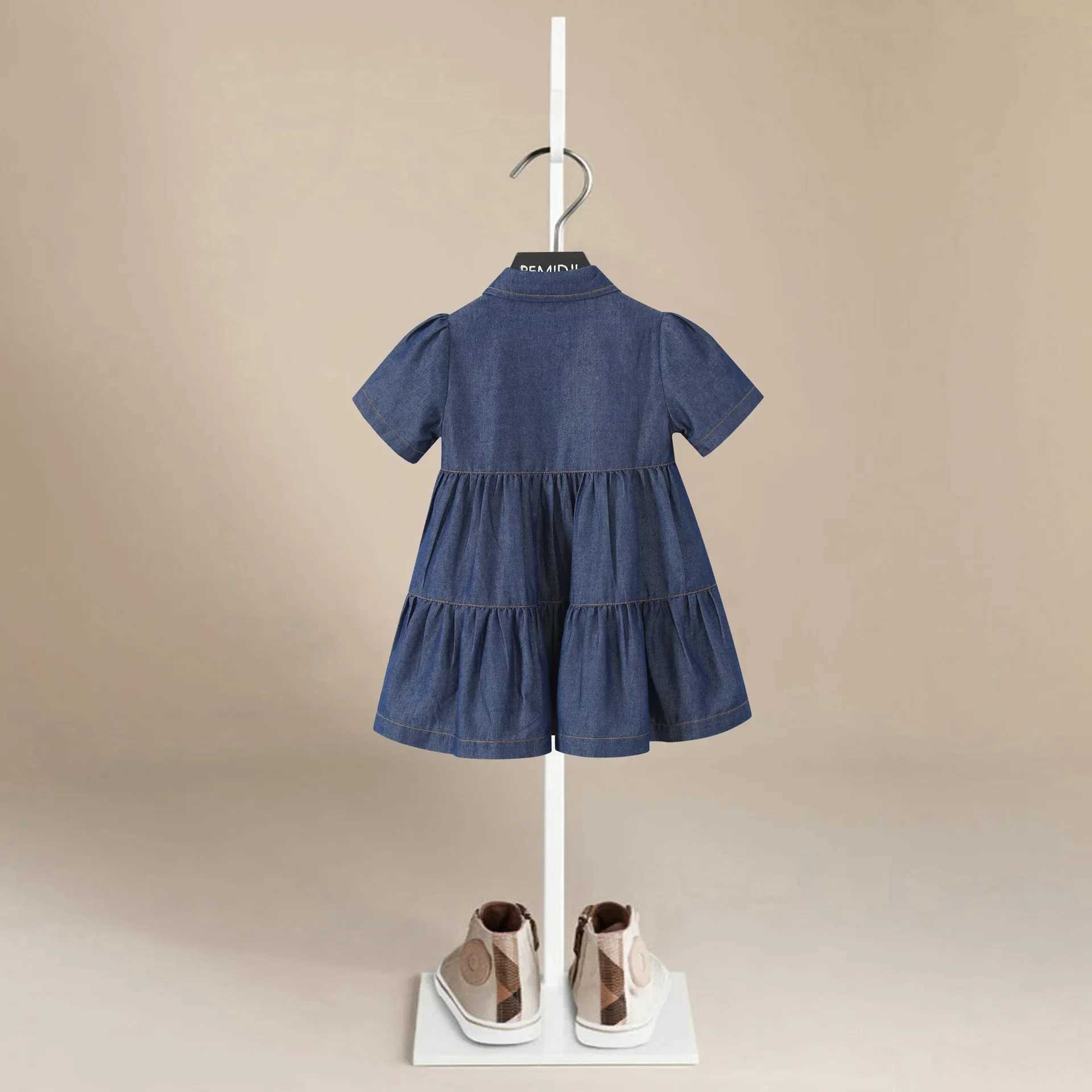 Summer Childrens Clothing Girls Denim Dresses Solid Colors Kids Short Sleeve Dresses O-Neck Kids Girl Casual Wrinkles Dress W250326