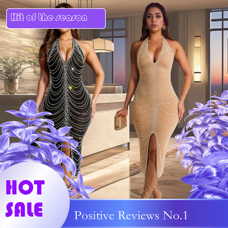 Dongdumaoyi Mode Dames Strass Slim Fit Sexy Bodycon Lange Jurk C