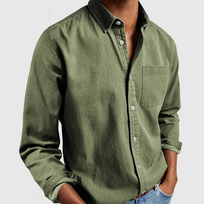 2025 spring mens long sleeved lapel clothing button up shirt imitating denim 250326