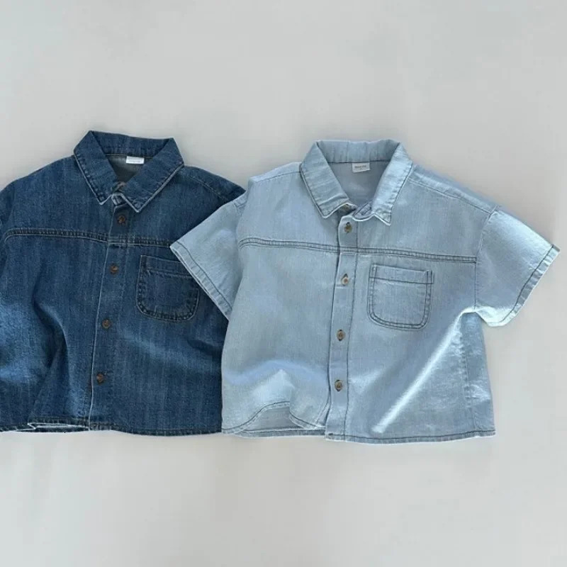 Korean Version of Short Sleeved Denim Shirt Shorts Set for Boys and Girls Summer Fashionable Two-piece Set 250326