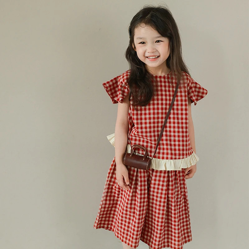 Summer Girls Plaid Set Personalized Small Flying Sleeve Short Sleeve Wide Leg Pants Fashion Clothes Suit 250326