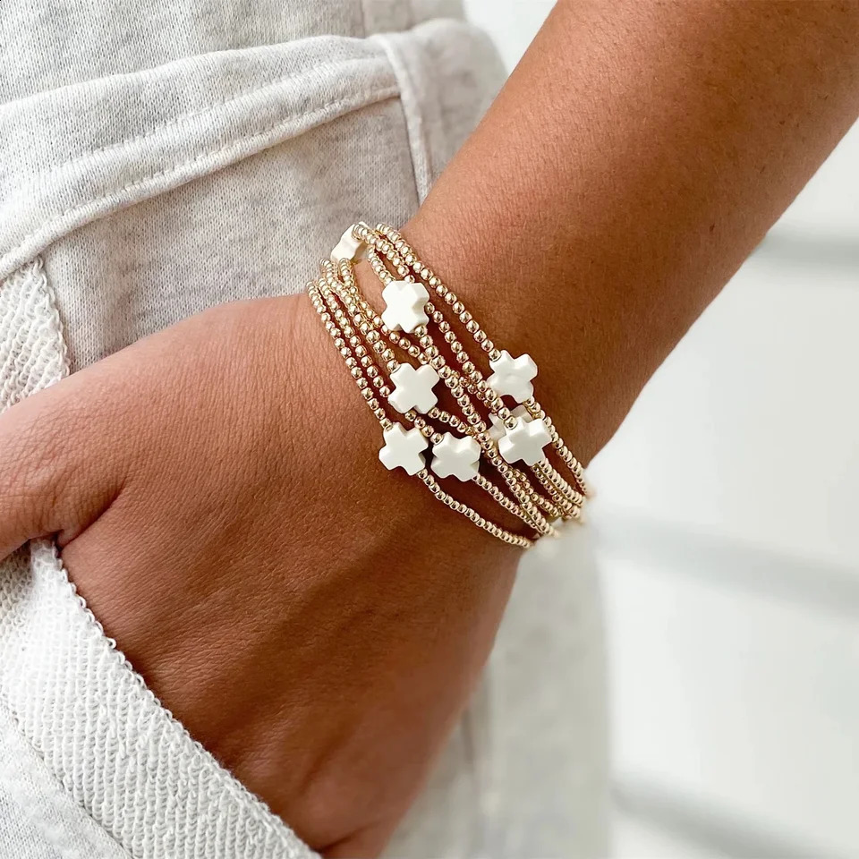 Vlen Cross Charm Bracelet 3mm Gold Plated 18 K Beads Bracelets for Women Stackable Boho Pulseras Jewelry 250326
