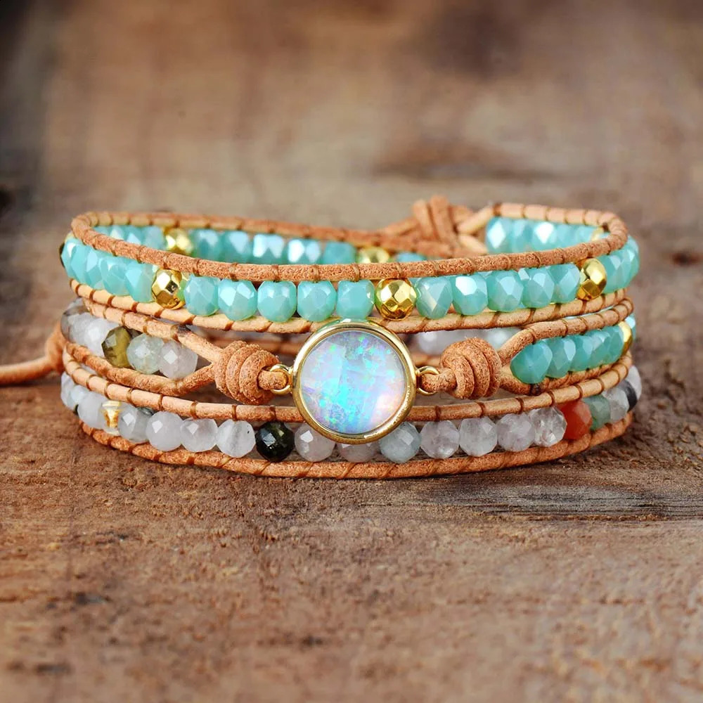 Top Quality Women Bracelets Natural Opal Stone Rhinestone 3 Rows Leather Wrap Bracelet Fancy Femme Boho Bracelets Dropship 250318