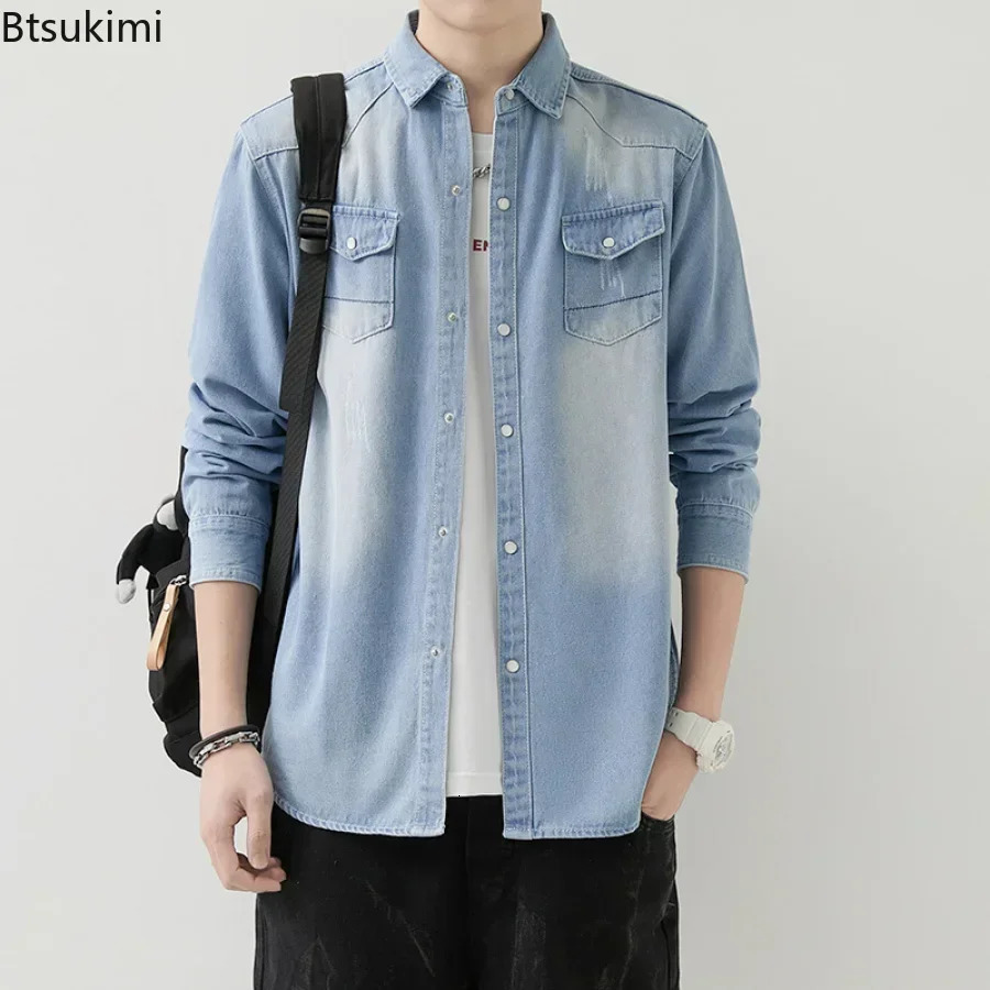 2025 Mens SpringSummer Long Sleeve Denim Shirt Korean Ultra Thin Set Tool Jeans Jacket Classic Fashion Simple Top 250318