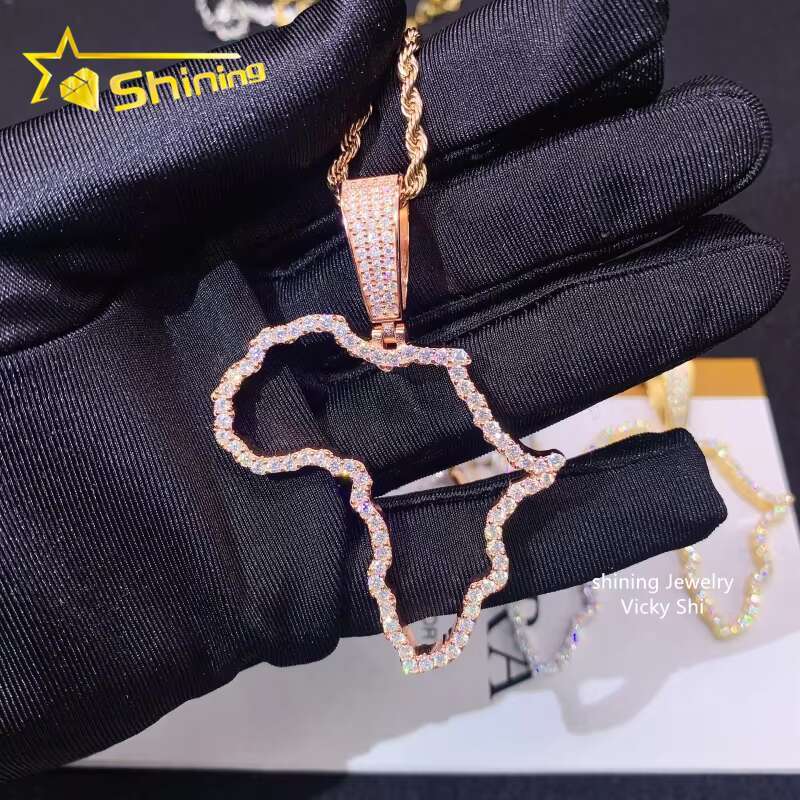 Hot Selling New Design Hip Hop Jewelry S925 Silver Gold Plated VVS Moissanite Diamond Map Pendant for Necklace