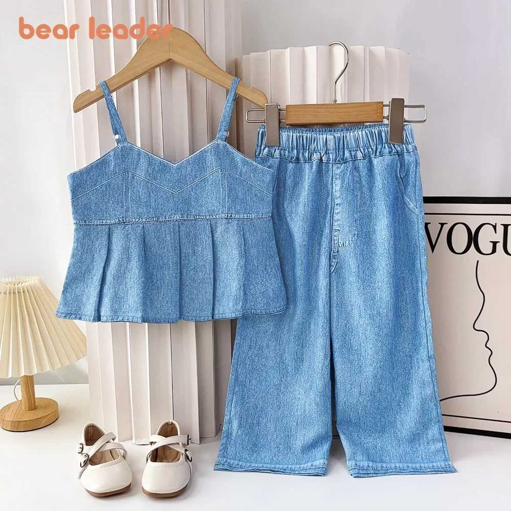 Bear collar summer girls clothing blue imitation denim sleeveless vest+pants 2-piece set solid color casual childrens clothingT250327