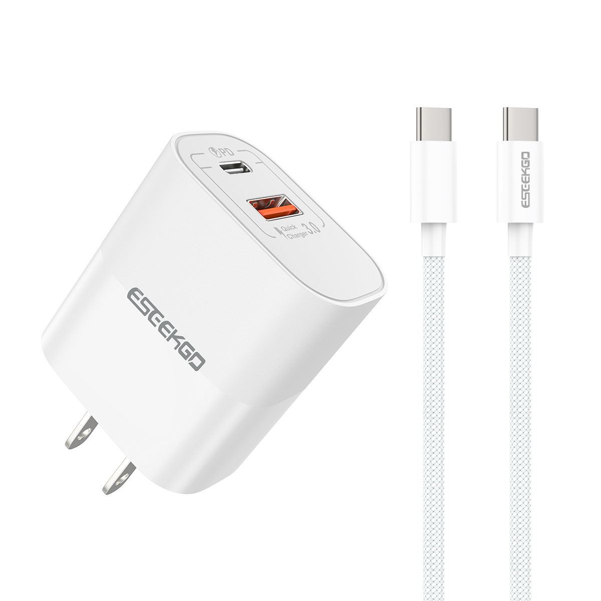USA STOCK ESEEKGO T-32UC 20W Travel Adapter (USB A+C) US Standard With 4FT Type-C To Type-C Fast Charging Cable With Retail Package ship in 2 days