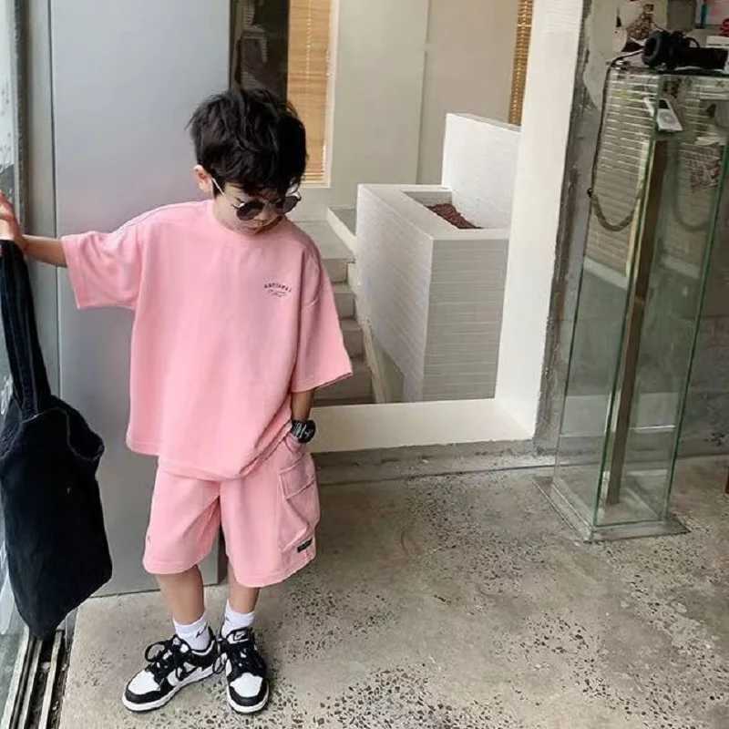 Summer casual boy cotton loose letter T-shirt top+shorts set school childrens track and field clothes 2-piece set clothing set for 2-14 yearsT250327