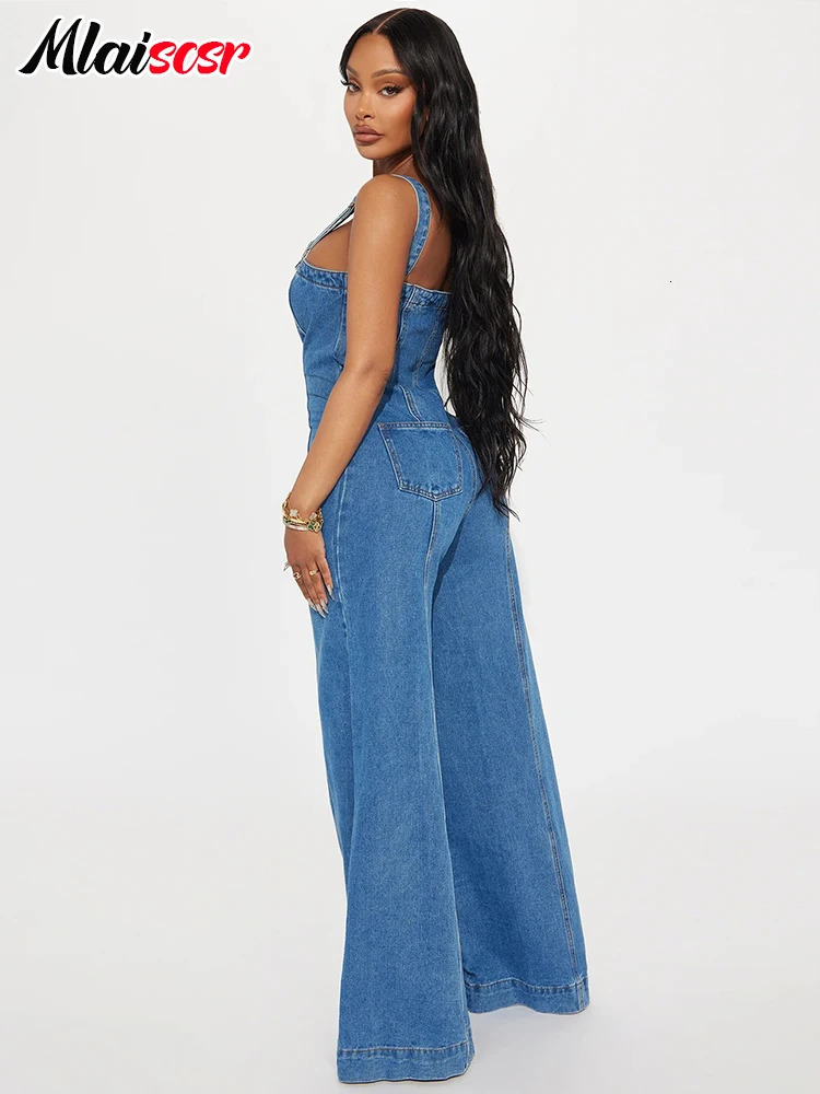 Mlaiscr streetwear womens jeans jumpsuit sleeveless button up wide leg pants denim one piece set 250326