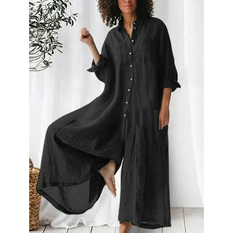 solid color casual cotton linen loose wide leg pants long shirt jumpsuit womens fashion with size comfort mens style 250326