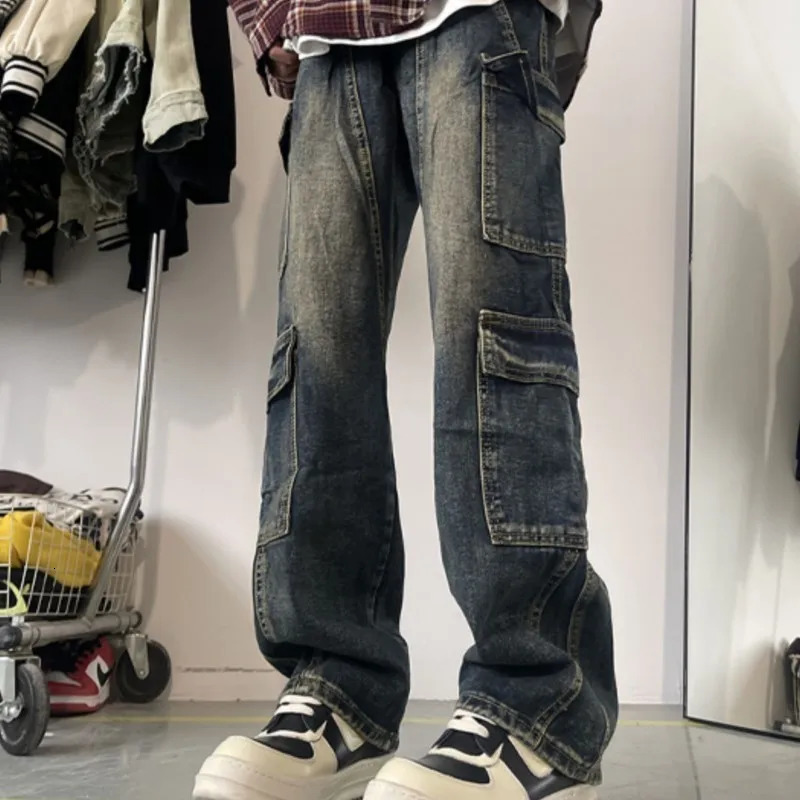 Mens Patchwork Blue Cargo Jeans Unisex Straight Casual Trousers Men Muti-pockets Hip Hop Streetwear 90s Vintage Fashion Pants 250317