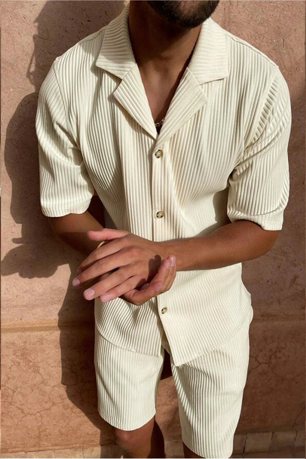 Spring/Summer Solid Color Corduroy Short Sleeve Shirt and Short Stretch Beach Casual Set 250326