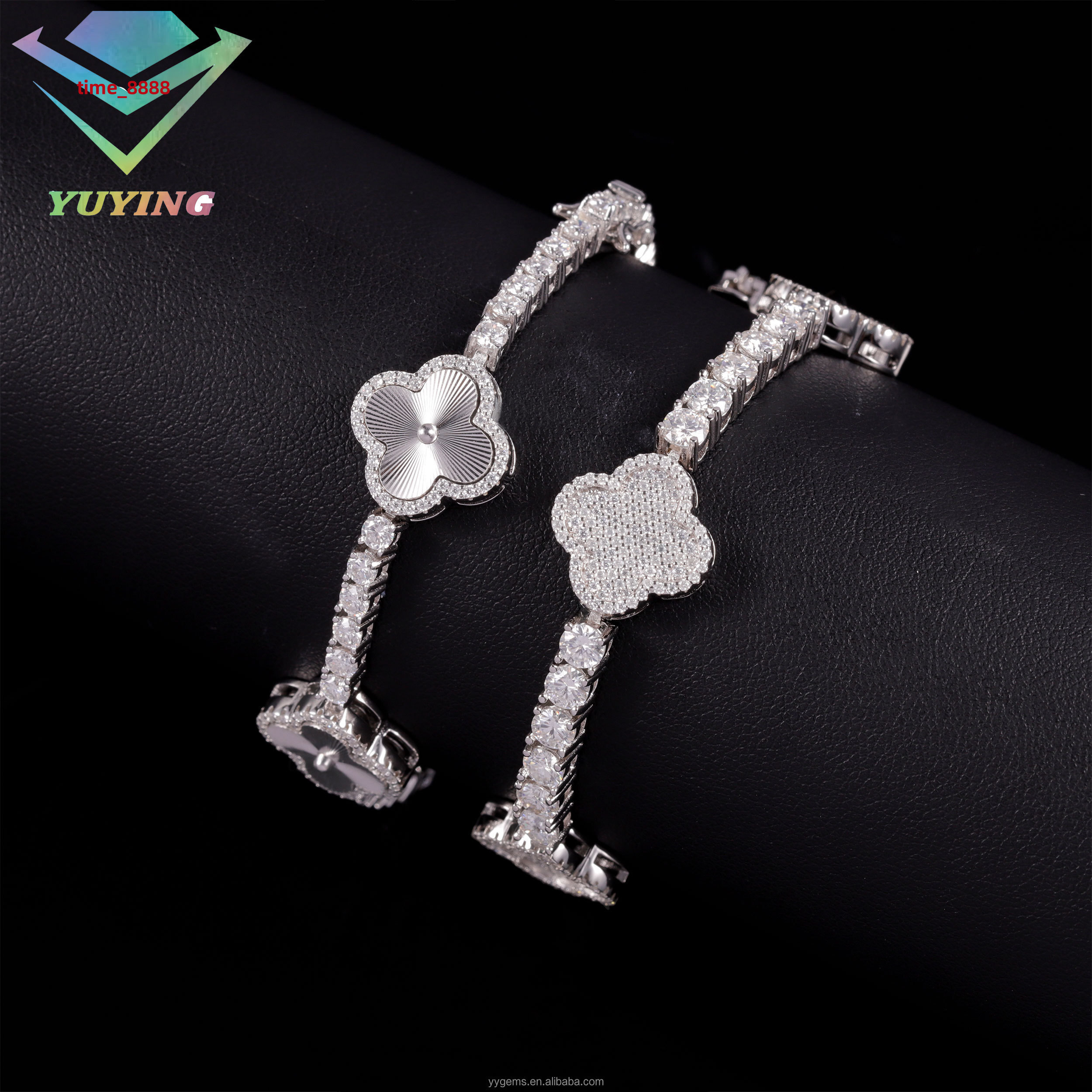 Hot Sale Clover Tennis Bracelet 3mm 4mm wide 925 Sterling Silver Hip Hop Bracelet VVS Moissanite Lucky Clover Tennis Bracelet