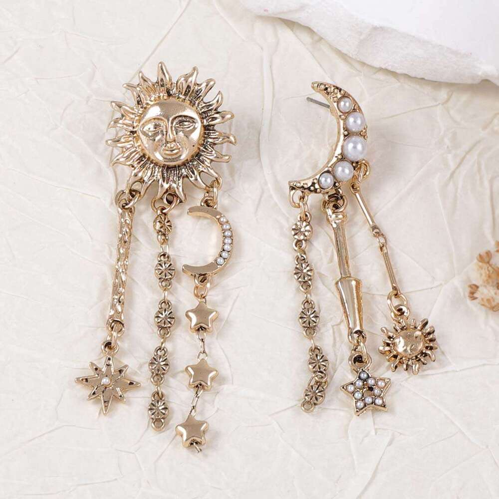 Bold Celestial Earrings Trendy Geometric Sun Moon Star Dangle Earrings with Fringe for Women