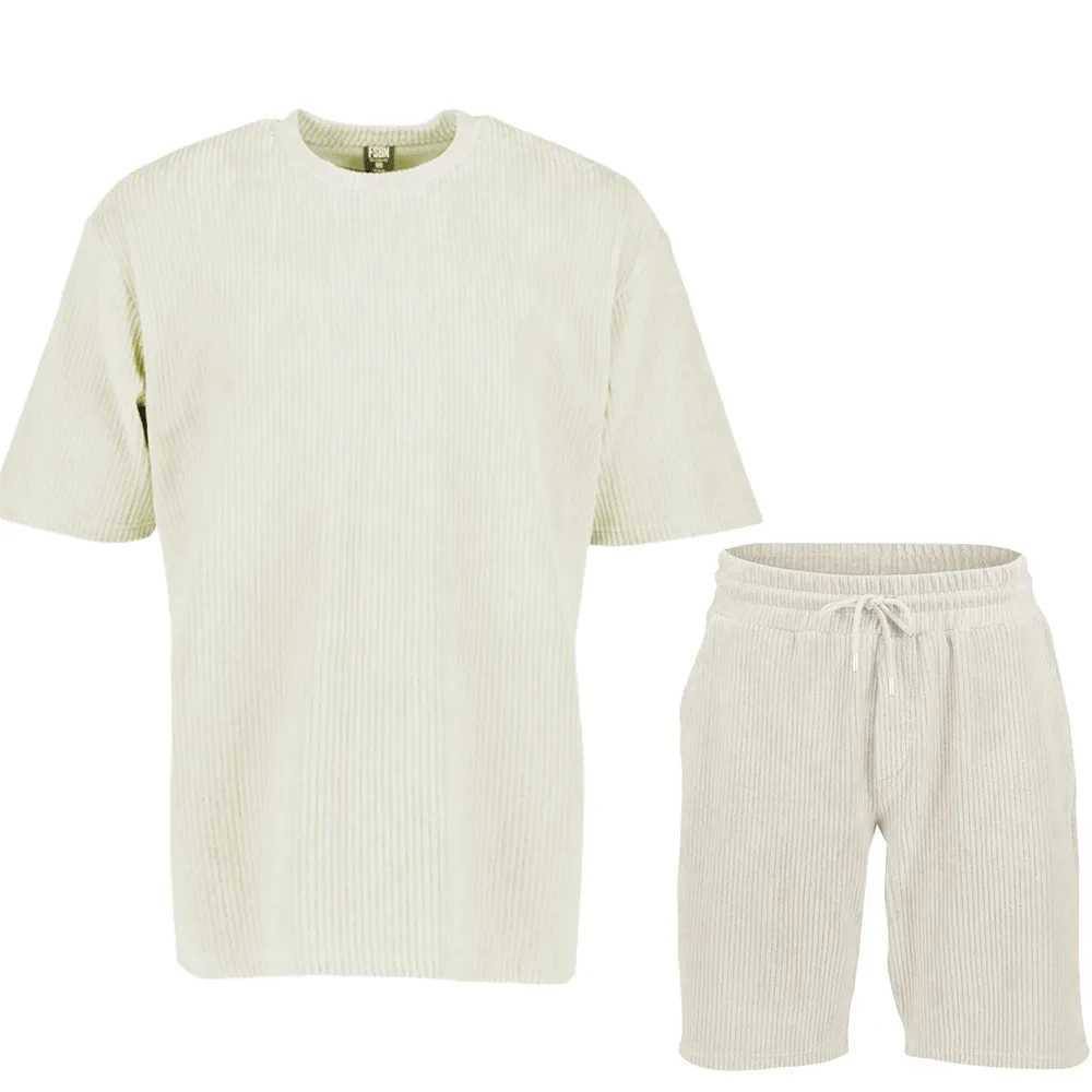 2024 Mens Summer Sports and Leisure Solid Color Stripe Set Loose Crew Neck Short Sleeve Drawstring Shorts Two Piece SetXJ250326