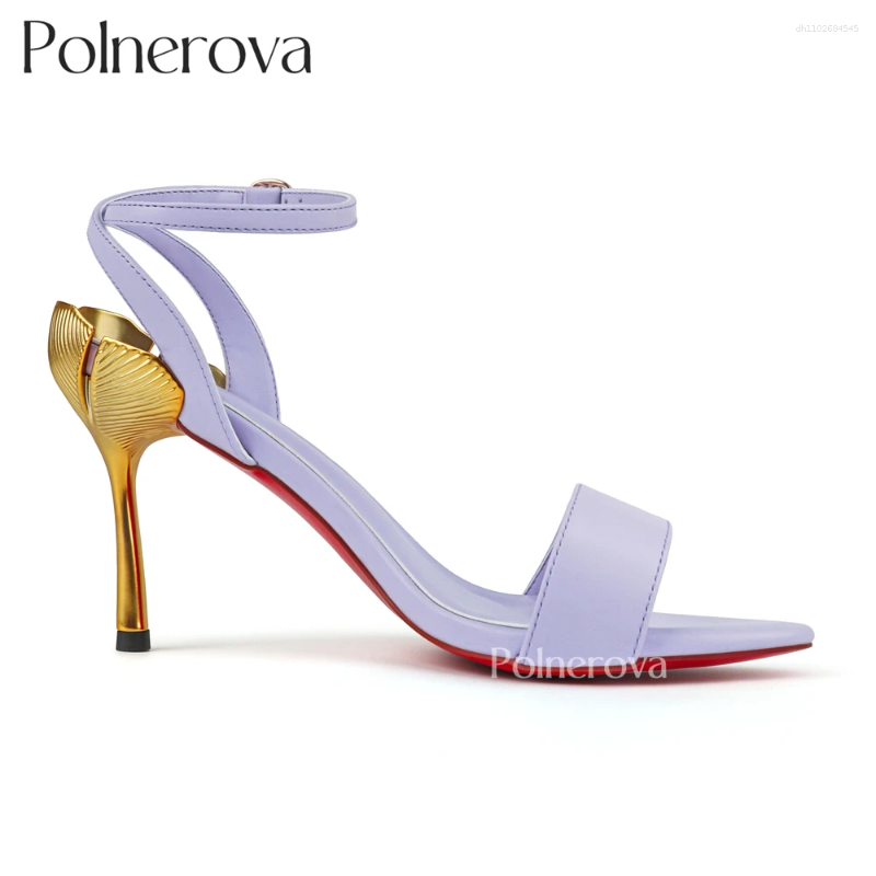 Sandals Metallic Gold Ginkgo Leaf Heel Ankle Strap Open Toe Stilettos Luxury Designer Style Summer Heels Round Women