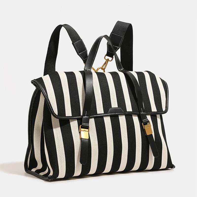 Multi-Use Briefcase Denim Canvas Striped Backpack Large Capacity Commuter Black White Contrast Handbag Messenger Travel Bag