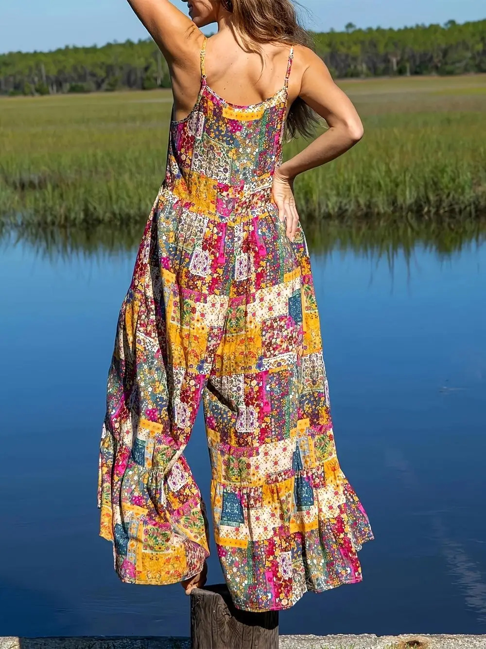Womens casual jumpsuit with fashionable coverage and loose wide leg printed buttons featuring pockets 250326