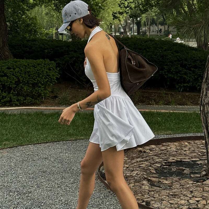 New A-e Women White Summer Fashion Halter Sleeveless Sexy Backless Dresses Casual Slim Club Party Elegant Lady Dress
