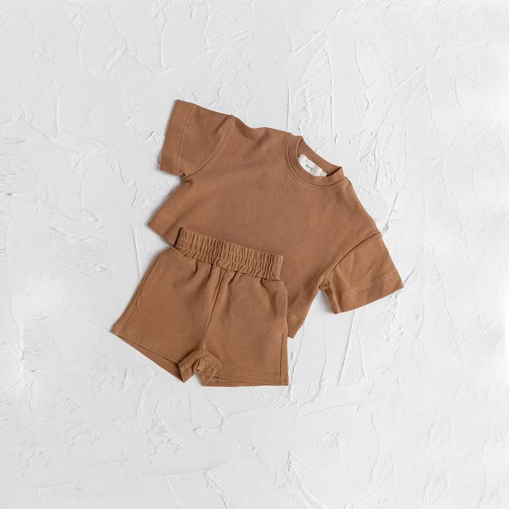 Preschool and childrens clothing fashion summer clothing set short sleeved solid color top short sleeved 2PCS casual childrens clothing setT250327