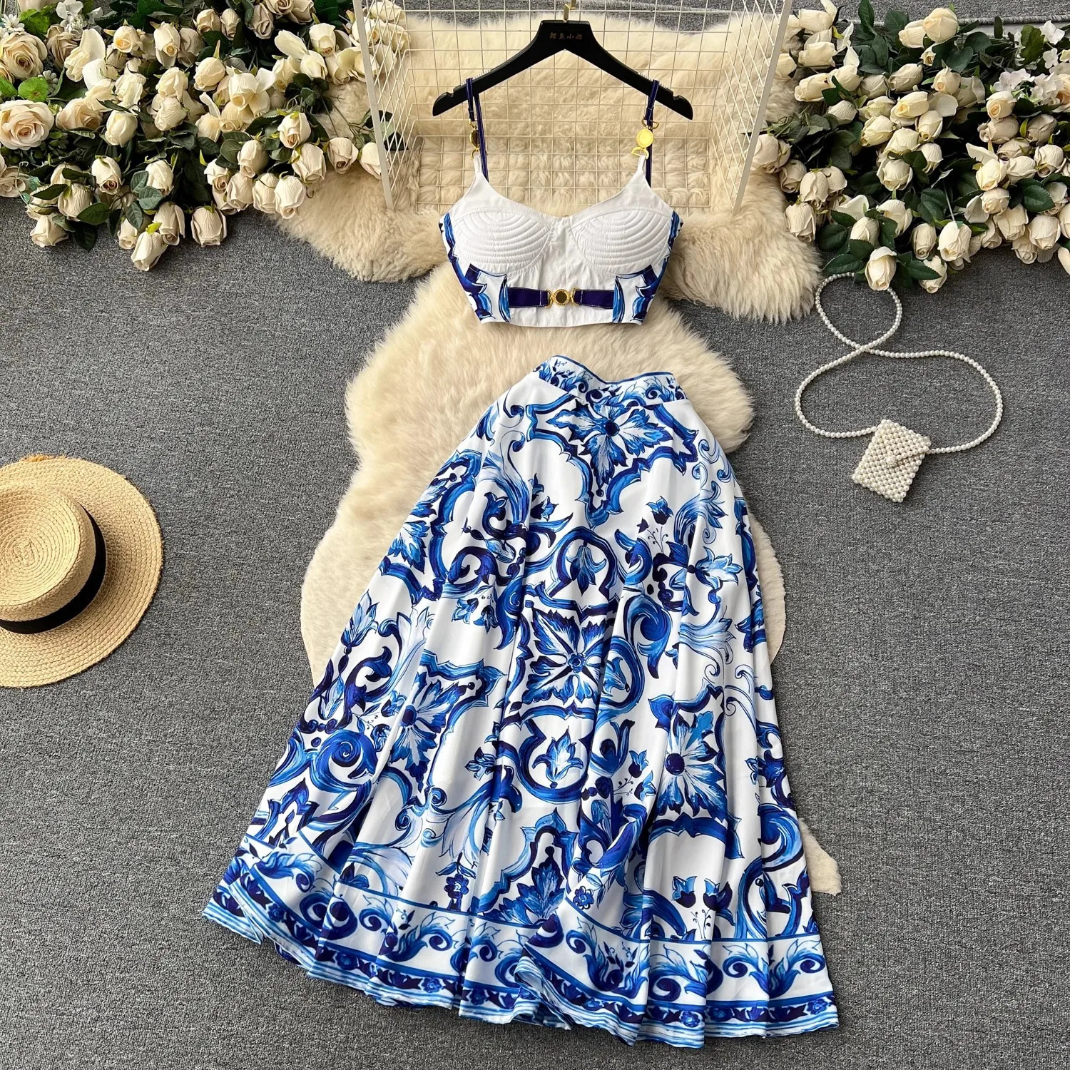 Summer Y2k sexy red blue white necklace twopiece set womens gold button bra cup suspender topMaxi long skirt 250326