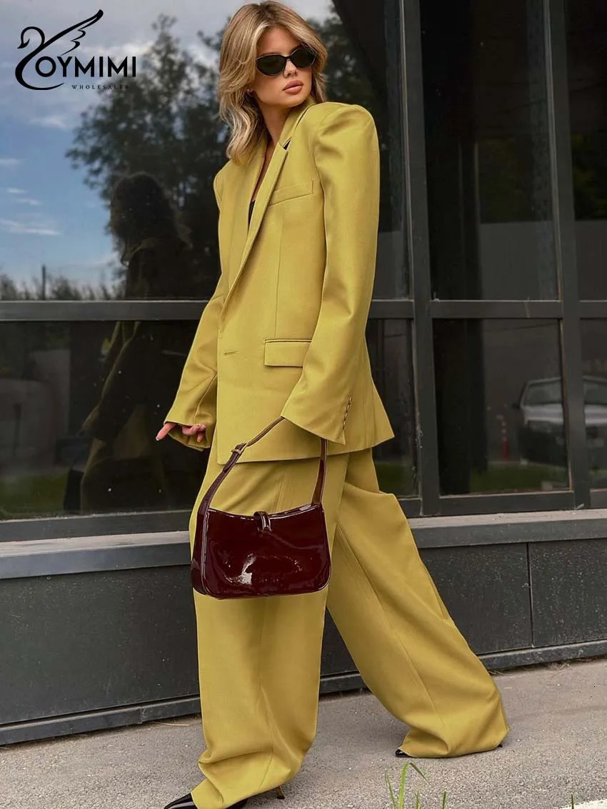 Oymimi Elegant Yellow Set Womens 2piece Fashion Long Sleeve Pocket Single Button Jacket and Simple Straight Trouser 250326