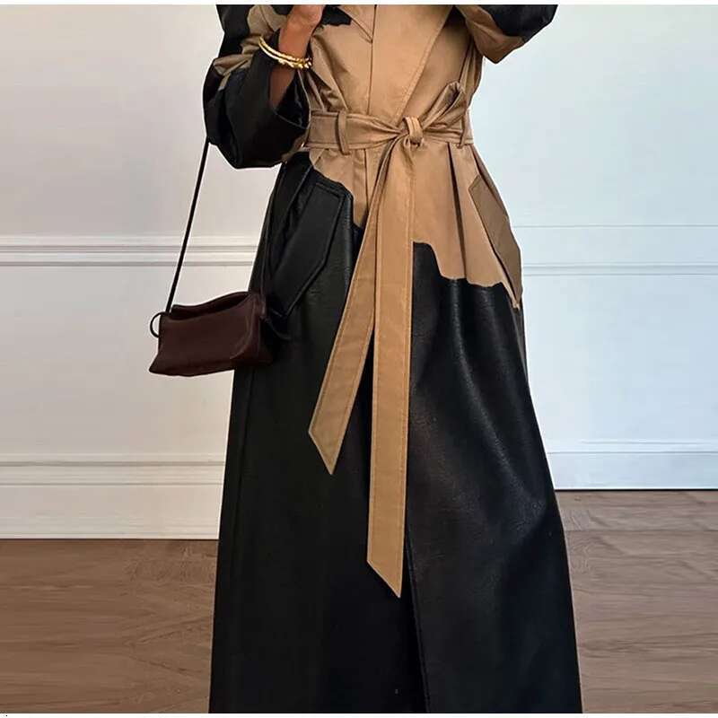 Women's Coat Elegant Contrast Leather Trench Coat Women Lapel Single Breasted Split Female Overcoat With Belt Autumn Winter Lady Outwear