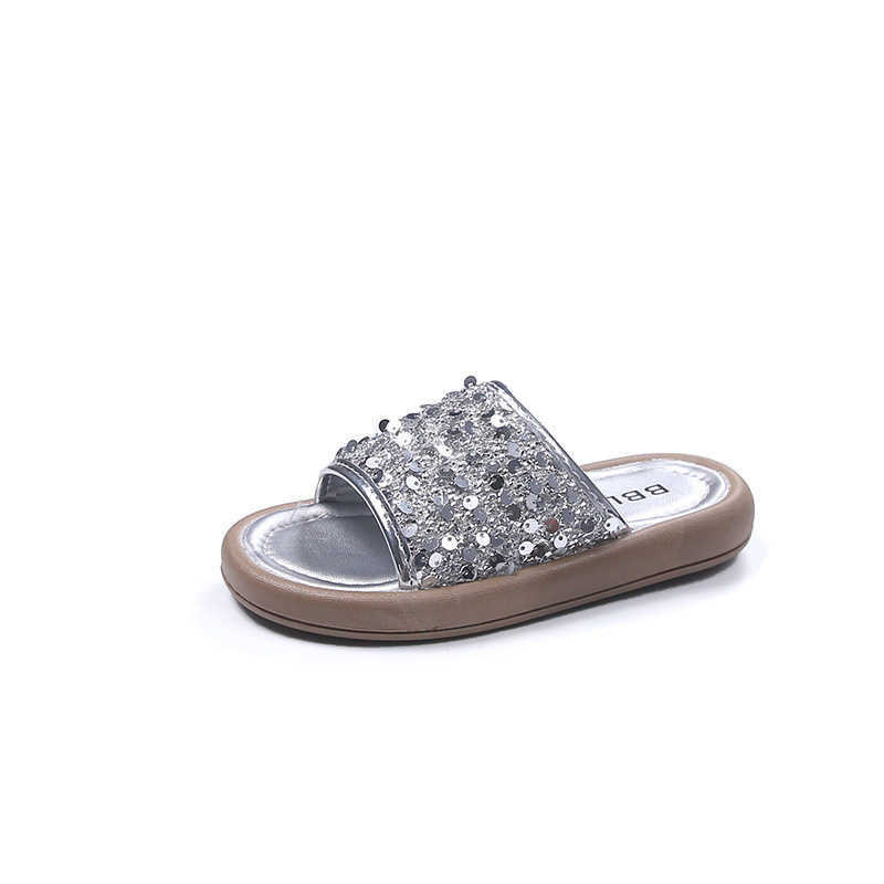 Slipper 2024 Summer Open toed Girls Indoor and Outdoor Slippers One line Dragging Shining sequins Non slip Slippers Cool Dragging Casual Versatile S25