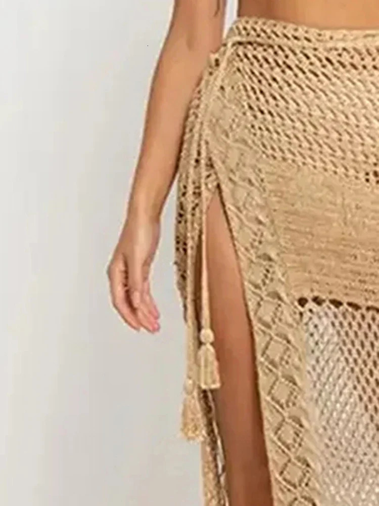 OIINAA Beach Dress Womens Sexy Solid Beach Dress Knitted Hollow Swimsuit Tassel Beach Dress Summer Dragging Swimsuit 250324