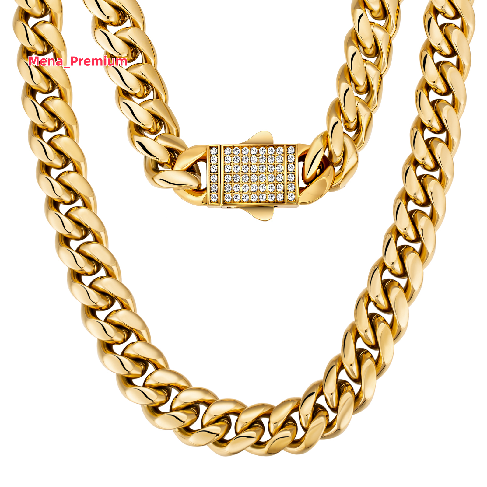 Solid 18K Gold Plated 12mm Miami Italian Cuban Necklace 5A CZ Hip Hop Jewelry Women Stainless Steel Cuban Link Chain Men Alxeyb