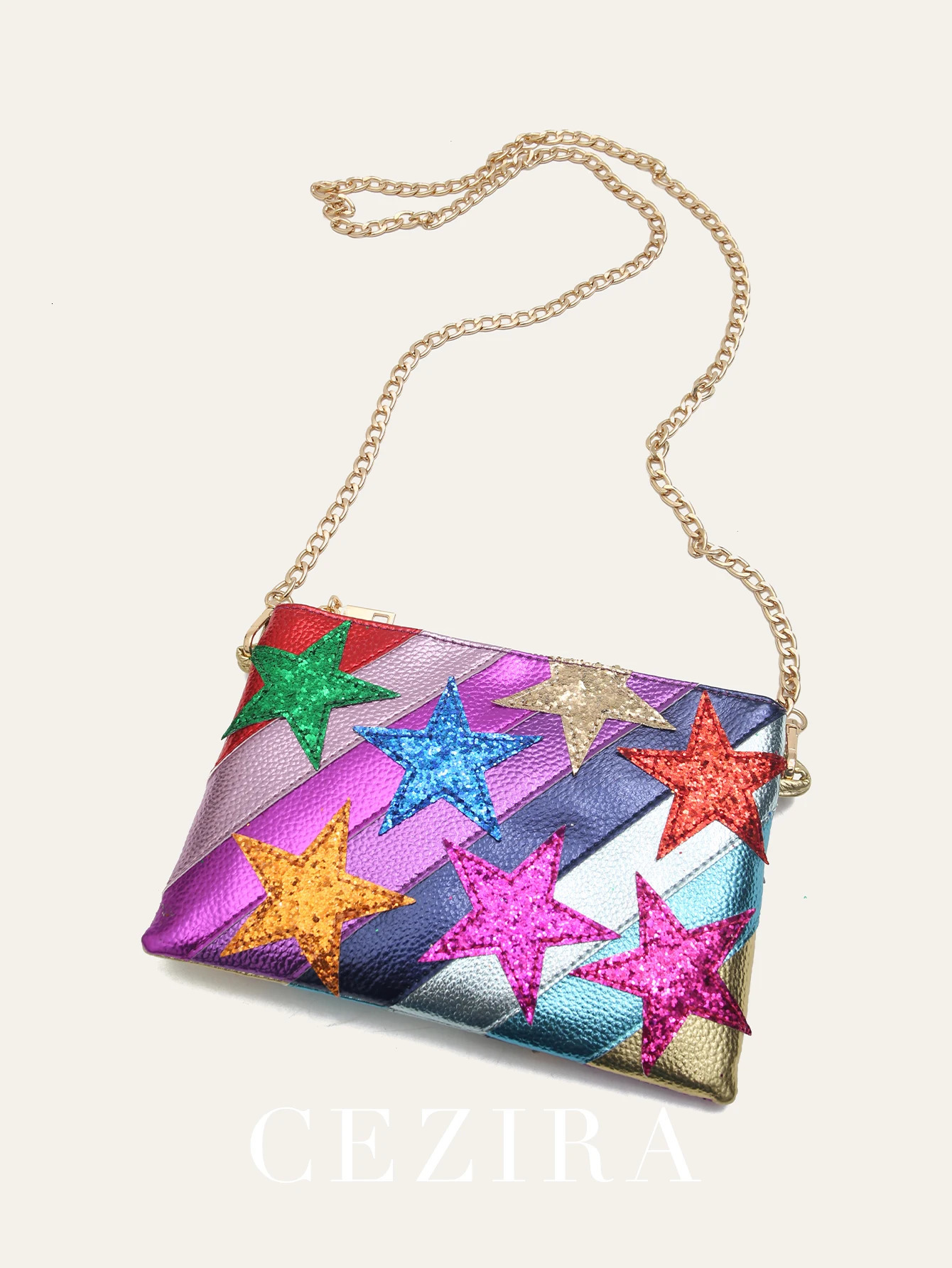 y and fashionable womens metal PU vegan leather square clutch star pattern colorful striped chain shoulder bag party date gift 250326