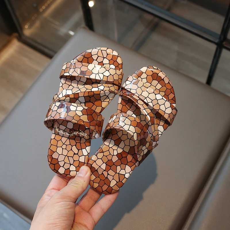 Slipper Silver/coffee colored childrens slippers with flat shoes open toe non slip 2025 summer outdoor PU girls straight Zapatillas Mujer S25326