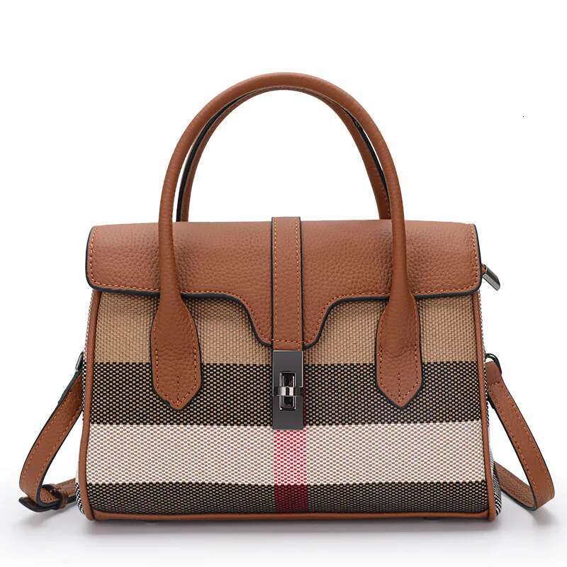 Checkered Pattern Women's Handbag New Fashionable Canvas With Cowhide Single Shoulder Crossbody Bag