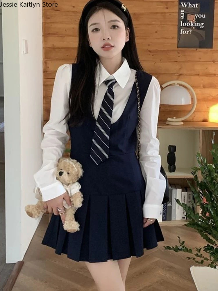 Japanese Kawaii School Student Uniform Womens Cute Girl JK Role Playing Autumn White Shirt and Wrinkle Anti Slip Dress Set 250326