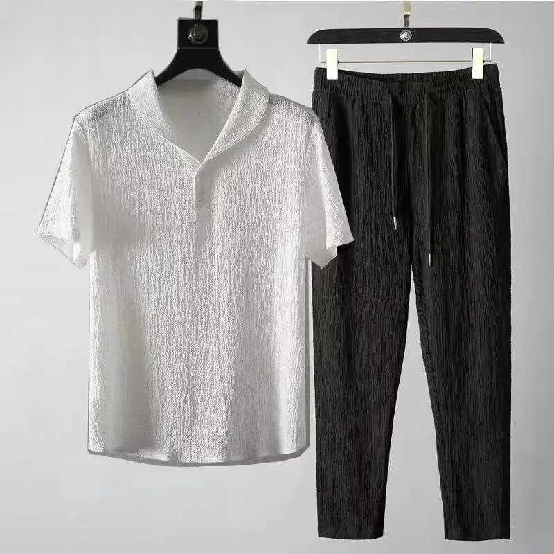 Summer ultra-thin five piece ice silk linen set mens cotton linen 2-piece set loose fit mid sleeve T-shirt sportswearXJ250326